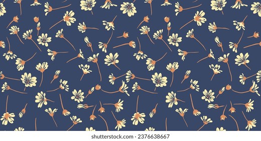 Artistic tiny flowers seamless pattern. Vector hand drawn. Dark floral print. Template for design, fabric, fashion, textile, paper, wallpaper