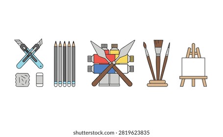 Artistic tools collection featuring drawing pencils, paint tubes, palette knives, paintbrushes, and an easel with canvas.