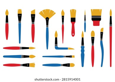 Artistic tools including fan brushes, flat brushes, round brushes, and angled brushes for painting, creative hobby.