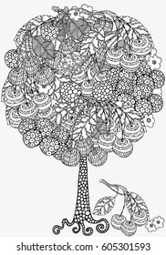 Artistic tree with cherries in vector. Hand-drawn, ethnic, floral, retro, doodle, zentangle, design element. Black and white. Pattern for coloring book