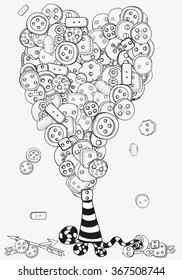Artistic tree with clothes buttons. Pattern for coloring book. Hand drawn, doodle, tribal.  Made by trace from sketch. Ink pen. Black and white background. Zentangle patters.