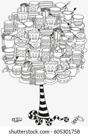 Artistic tree with cups and mugs. Hand drawn, doodle, tribal. Ink pen. Black and white background. Zentangle patters.