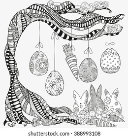 Artistic tree, Easter eggs and Easter bunnies. Zentangle patterns. Sketch by trace. Hand-drawn, ethnic, floral, doodle, vector, tribal design elements. Black and white. For coloring book.