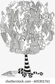 Artistic tree with Easter rabbits. Pattern for coloring book. Hand drawn decorative elements in vector. Black and white pattern. Zentangle