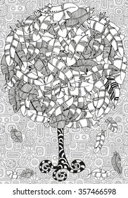  Artistic tree with Feathers. Pattern for coloring book. Hand drawn, doodle, tribal.  Made by trace from sketch. Ink pen. Black and white background. Zentangle patters.