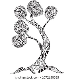 Artistic tree with floral ornaments. Pattern for coloring book. Hand drawn, ethnic, retro, doodle, vector. Black and white background. Zentangle patters.