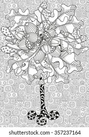  Artistic tree with hand drawn acorns and oak leaves. Hand drawn, doodle, tribal.  Made by trace from sketch. Ink pen. Black and white background. Zentangle patterns.
