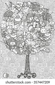  Artistic tree with hand drawn ?lothes buttons, needles, thread, pins, scissors. Hand drawn, doodle, tribal.  Made by trace from sketch. Ink pen. Black and white background. Zentangle patters.