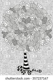  Artistic tree with hand drawn leaves. Hand drawn, doodle, tribal.  Made by trace from sketch. Ink pen. Black and white background. Zentangle patters.