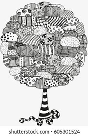 Artistic tree with hand drawn stones. Hand drawn, doodle, tribal. Ink pen. Black and white background. Zentangle patters.
