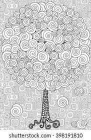 Artistic tree with hand-drawn swirls, ringlets. Pattern for coloring book. Doodle, tribal.  Made by trace from sketch. Ink pen. Black and white. Zentangle patters. Zen art. Coloring book for adult.