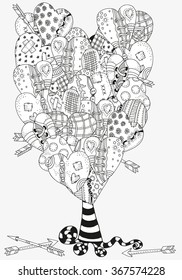 Artistic tree with heart-shaped pattern for coloring book. Hand drawn hearts  in vector. Valentines day. Doodle, zentangle, tribal design elements. Black and white. Made by trace from sketch.