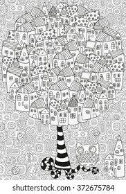 Artistic tree with houses.  Pattern for coloring book. Made by trace from sketch. Ink pen. Zentangle. Black and white pattern in vector.