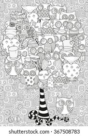 Artistic tree with owls. Pattern for coloring book. Hand drawn, doodle, tribal.  Made by trace from sketch. Ink pen. Black and white background. Zentangle patters.