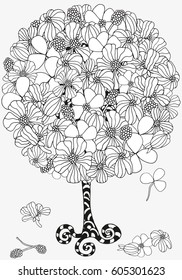 Artistic tree with Spring flowers on a white background. Hand-drawn, doodle, vector, zentangle, design elements. Black and white background. Zen art. Coloring book page for adult.