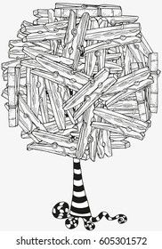 Artistic tree with wooden clothespins . Pattern for coloring book. Hand drawn, doodle, tribal. Ink pen. Black and white background. Zentangle patters.