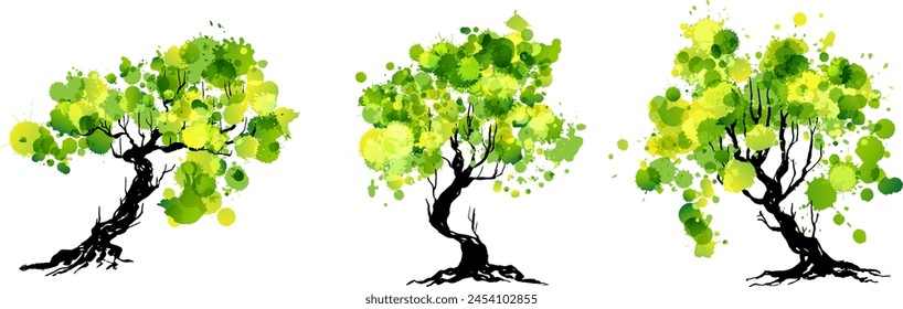 Artistic trees with green paint splashes leaves. Hand drawn isolated design elements with ink texture. Colorful vector  decoration.