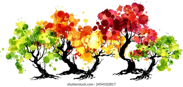 Artistic trees with  paint splashes leaves. Hand drawn isolated design elements with ink texture. Colorful vector  decoration.