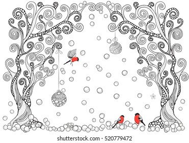 Artistic trees, xmas balls and red bullfinches. Zentangle patterns. Sketch by trace. Hand-drawn, ethnic, floral, retro, doodle, vector design element. Black and white. Adult Coloring book.