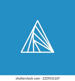 Artistic triangle logo made from outline and isolated on blue background.