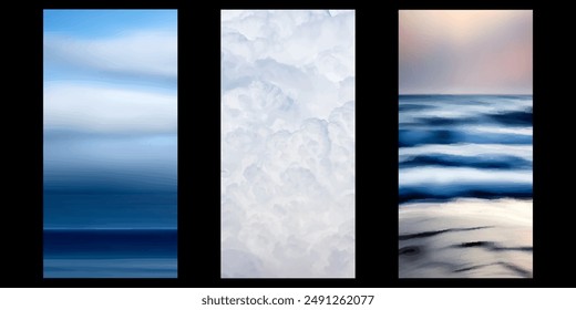 Tríptico artístico sobre el tema de la naturaleza con un fondo de cielo y mar durante el día, un fondo de nubes blancas y un fondo de la costa al atardecer.