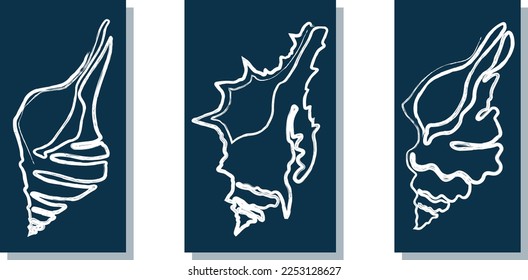 Artistic triptych of sinuous seashell. Hand drawings, one line. Shell strict silhouette. White vector illustration on blue-green background. Contour. Poster, interior painting, postcard, modern design