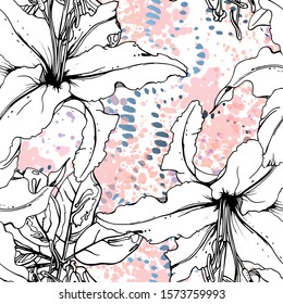 Artistic, Tropical, modern motif. Black and white graphic jungle print. Summer flower on abstract shape brush line. Trending contrast seamless pattern vector background. Watercolor blobs, ink, stains.