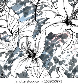 Artistic, Tropical, modern motif. Black and white graphic jungle print. Summer flower on abstract shape brush line. Trending contrast seamless pattern vector background. Watercolor blobs, ink, stains.