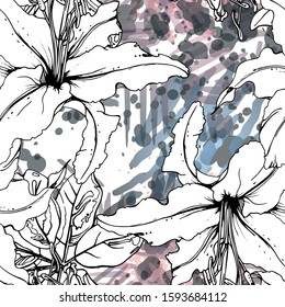 Artistic, Tropical, modern motif. Black and white graphic jungle print. Summer flower on abstract shape brush line. Trending contrast seamless pattern vector background. Watercolor blobs, ink, stains.