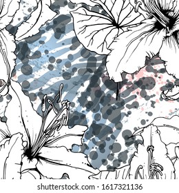 Artistic, Tropical, modern motif. Black and white graphic jungle print. Summer flower on abstract shape brush line. Trending contrast seamless pattern vector background. Watercolor blobs, ink, stains.