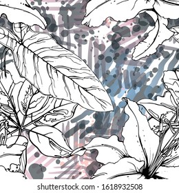 Artistic, Tropical, modern motif. Black and white graphic jungle print. Summer flower on abstract shape brush line. Trending contrast seamless pattern vector background. Watercolor blobs, ink, stains.