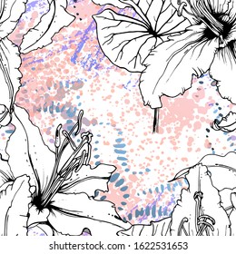 Artistic, Tropical, modern motif. Black and white graphic jungle print. Summer flower on abstract shape brush line. Trending contrast seamless pattern vector background. Watercolor blobs, ink, stains.