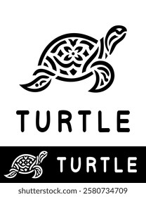 Artistic turtle logo design with intricate patterns, combining creativity and modern style with black and white colors