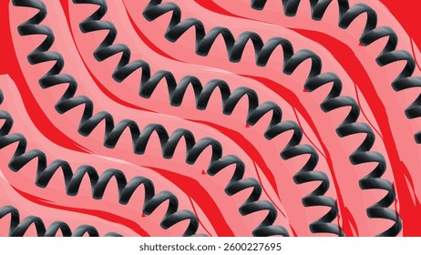 Artistic Twisted Wire Pattern on Red Waves. An abstract background with a repeating pattern of black twisted wire-like shapes over a textured red surface. Ideal for expressive or contemporary designs.