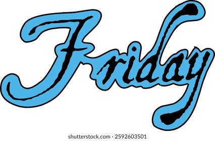 Artistic typography image with the word "Friday" in an elegant handwritten style and in blue on a white background
