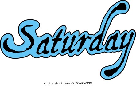 Artistic typography image with the word "Saturday" in elegant handwritten style in blue on a white background