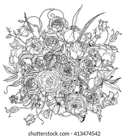 Artistic uncolored luxury flowers for Adult coloring book in famous zenart style. Hand-drawn, retro, doodle, vector. Black and white. 