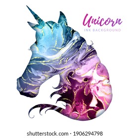 Artistic unicorn silhouette with alcohol ink texture. Marble texture background