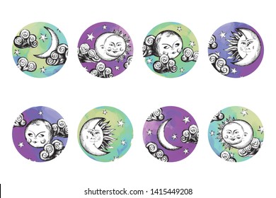 Artistic universal medallions set, round elements with moon and sun sketch in medieval engraving style for your design white isolated
