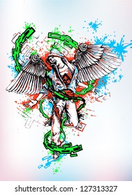 artistic urban art showing man in chains - hand-drawn illustration