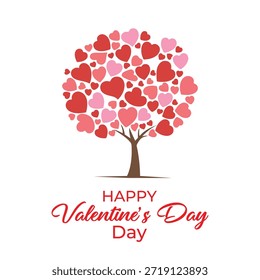 Artistic Valentine's Day vector concept featuring a blooming tree shaped by various red and pink hearts. This creative love tree illustration symbolizes growth and romance, set against a minimal white background with stylish holiday typography.