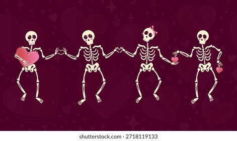 Artistic vector of 4 cute skeletons holding heart shapes and make heart hands on a dark red background. Concept of love, friendship, romance, Valentines Day, or Halloween.