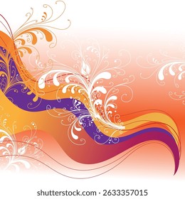 Artistic vector background: a fusion of rich colors, flowing lines, and intricate white floral ornaments. Great for decorative purposes, web elements, or print.
