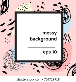 Artistic vector background in trendy 80s 90s style. Messy pattern with ink shapes and hand drawn style elements. Design template