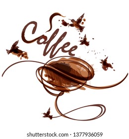 Artistic vector coffee illustration with bean, spots and birds