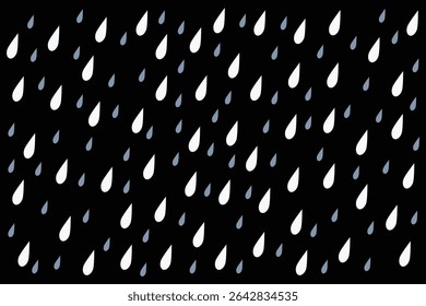 Artistic vector composition of falling rain and sky, flat cartoon style with blue water drops, seamless rainy background for seasonal designs, weather themes, children’s books, and creative projects


