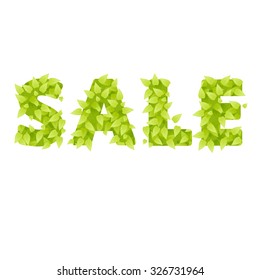 Artistic vector design for banners, greeting cards, spring sales. Green leaves with sale font. Sale banner with green hand drawn leaves. Fresh spring advertising graphic