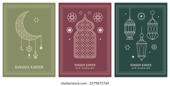 Artistic vector design with Islamic geometric patterns, crescent moon, and festive text, perfect for greeting cards or invitations.