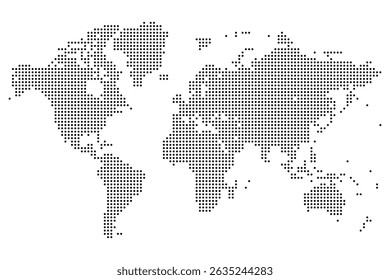 Artistic vector dotted world map with creative topography. Dotted world map showcases continents, regions, and global flow using distinct dotted world map aesthetics.