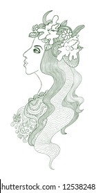 Artistic vector drawing of a beautiful girl with floral chaplet on her head